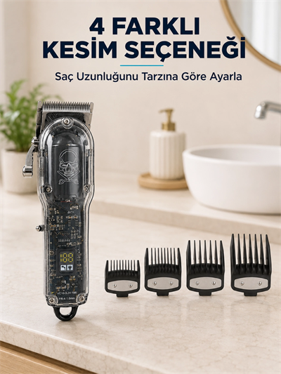 Şeffaf Gövdeli Saç Kesme Makinesi 4 Taraklı Ayarlanabilir Bıçak LCD Ekranlı Şarjlı BX-313657