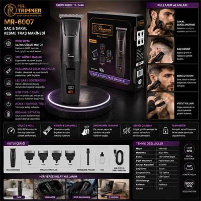 Saç Sakal Kesme Traş Makinesi Şarjlı Dijital Göstergeli 180° Döner Başlık 3-6-9-12mm Tarak Mr-6007 Bx40