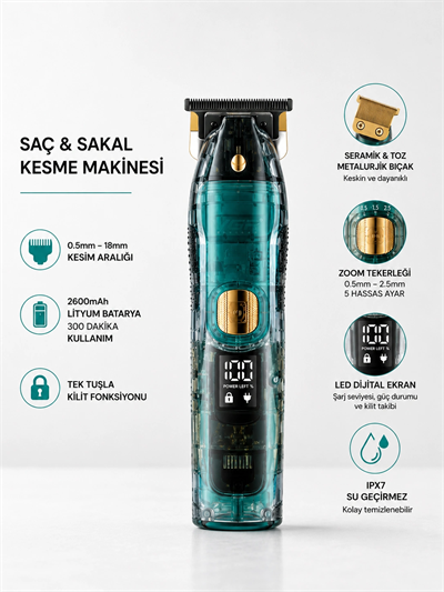 Saç ve Sakal Kesme Makinesi LED Ekranlı Profesyonel  5 Adet Uzunluk Ayarı