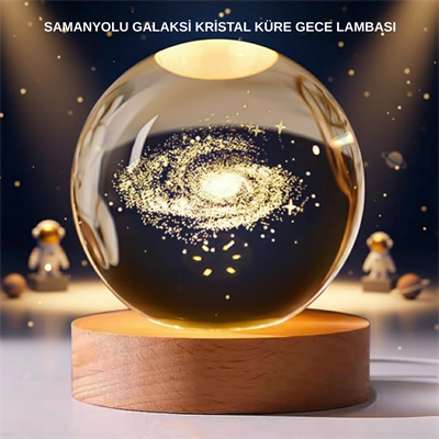 Samanyolu Desenli Kristal Küre Ahşap Standlı Gün Işığı LED Masa Lambası