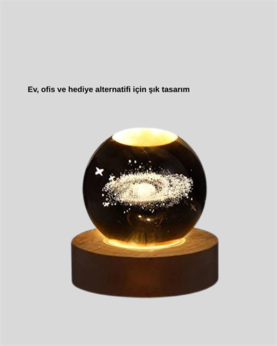 Samanyolu Desenli Kristal Küre Ahşap Standlı Gün Işığı LED Masa Lambası