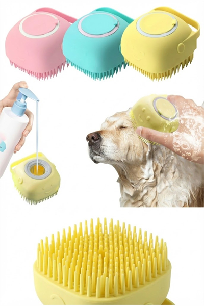 Şampuan Hazneli Kedi Köpek Yıkama Fırçası - Silikon Masaj Tarağı ve Evcil Hayvan Banyo Aparatı