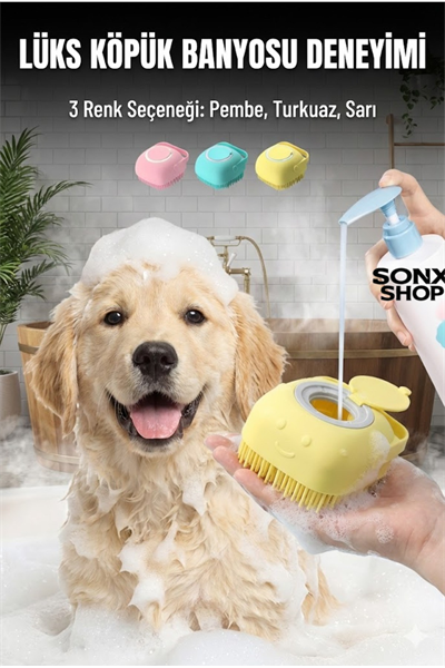 Şampuan Hazneli Kedi Köpek Yıkama Fırçası - Silikon Masaj Tarağı ve Evcil Hayvan Banyo Aparatı