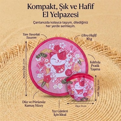 BUFFER® Şanslı Kedi (Maneki Neko) Desenli Pratik Katlanabilir El Yelpazesi – Japon Stili Kılıflı Yuvarlak Pratik Otomatik Açılıp Kapanan Cep Yelpazesi