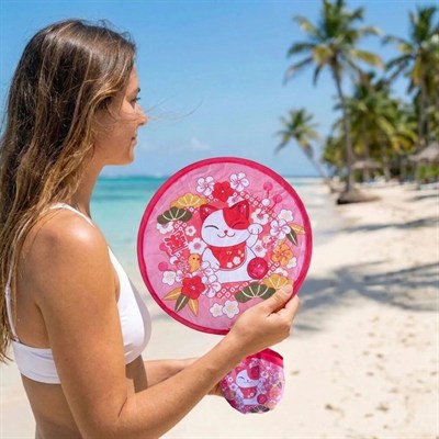 BUFFER® Şanslı Kedi (Maneki Neko) Desenli Pratik Katlanabilir El Yelpazesi – Japon Stili Kılıflı Yuvarlak Pratik Otomatik Açılıp Kapanan Cep Yelpazesi