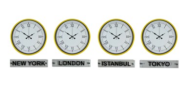Sarı 36 Cm 4 lü Tabelalı Dünya Saatleri Seti