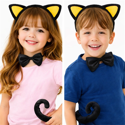 Sarı Kulaklı Kedi Kostüm Seti – Taç Papyon Kuyruk 3 Parça Bx40