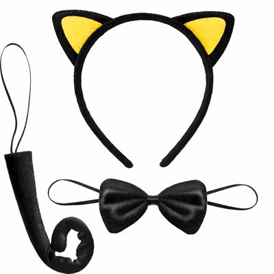 Sarı Kulaklı Kedi Kostüm Seti – Taç Papyon Kuyruk 3 Parça (3936)