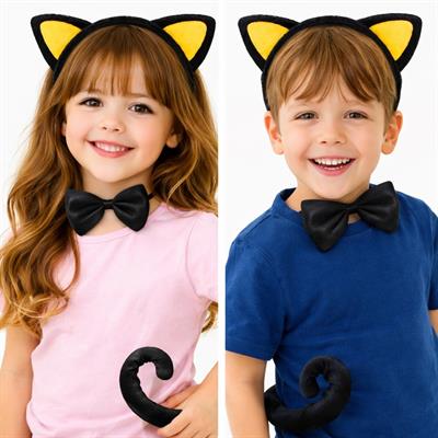 Sarı Kulaklı Kedi Kostüm Seti – Taç Papyon Kuyruk 3 Parça (3936)