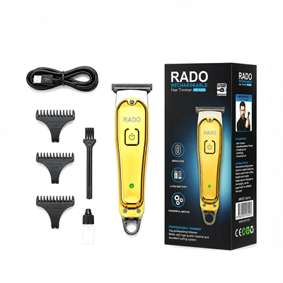Sarı Metal Kaplama - Usb Sarjlı - T Bıçak 3 Kesim Tarak - Yağ Şişe - Temizleme Fırça Saç Sakal Kesme - Traş Makine Rd-3638 Bx40