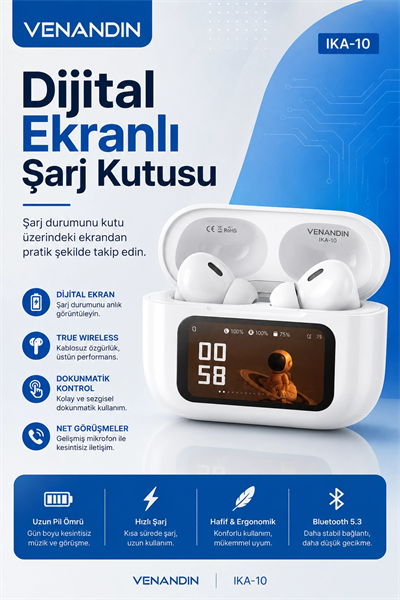 Şarj Durumu Göstergeli Kablosuz Kulak İçi Kulaklık Mikrofonlu Taşınabilir Set