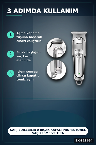 Şarj Edilebilir 0 Bıçak Kafalı Profesyonel Saç Kesme Ve Tıraş Makinesi BX-313694