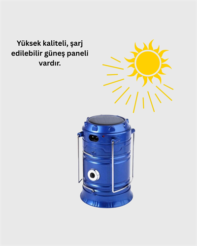 Şarj Edilebilir Güneş Enerjili Kızaklı Kamp Feneri – USB Çıkışlı, Katlanabilir, Dayanıklı ve Çok Fonksiyonlu