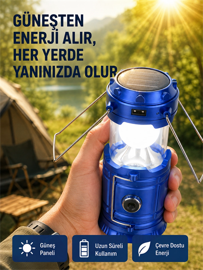 Şarj Edilebilir Güneş Enerjili Kızaklı Kamp Feneri – USB Çıkışlı, Katlanabilir, Dayanıklı ve Çok Fonksiyonlu