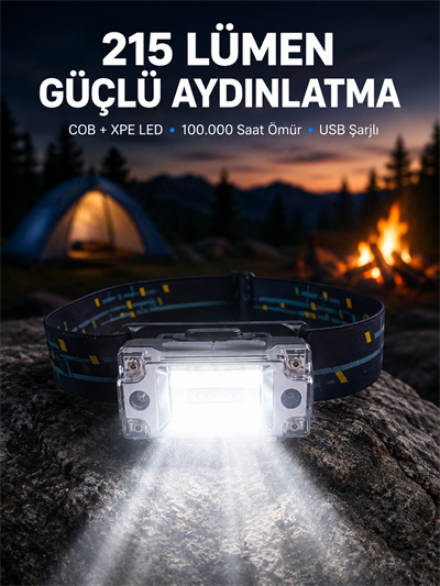 Şarj Edilebilir LED KAFA Feneri 215 Lümen XPE COB Güçlü Aydınlatma