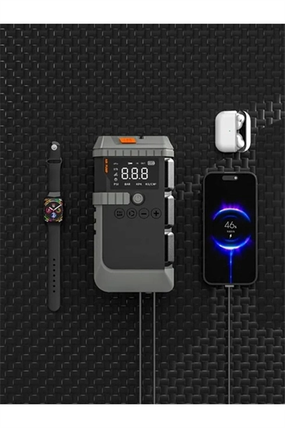 Şarjlı 12.000 Mah Taşınabilir Çanta Araç Akü Şarj Takviyeli Işıklı Hava Kompresörü Powerbankli