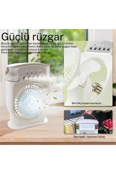 Şarjlı 600 Ml Su Hazneli Taşınabilir Masaüstü Vanilatör  Güçlü Fan Ve 2000 Mah Pil Beyaz
