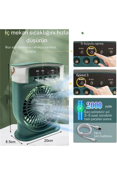 Şarjlı 600 Ml Su Hazneli Taşınabilir Masaüstü Vanilatör  Güçlü Fan Ve 2000 Mah Pil Yeşil