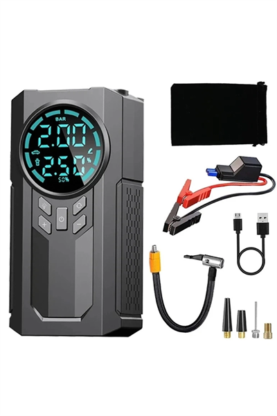 Şarjlı 8.000 Mah Taşınabilir Çanta Araç Akü Şarj Takviyeli Işıklı Hava Kompresörü Powerbankli