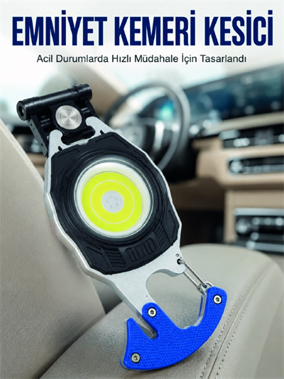 Şarjlı Acil Durum Feneri Elektronik Çakmak Tornavida ve Emniyet Kemeri Kesicili Taşınabilir El Feneri