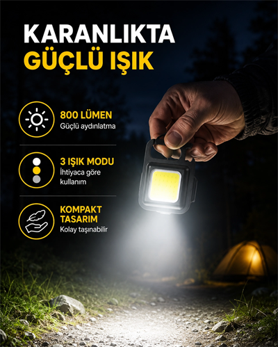 Şarjlı COB LED Anahtarlık Fener – 4 Modlu, Manyetik ve Katlanabilir Standlı Yeni Nesil