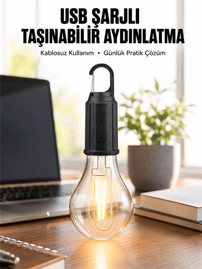 Şarjlı Dekoratif Kamp Lambası Askılı Ampul Led Işık Type-C Girişli