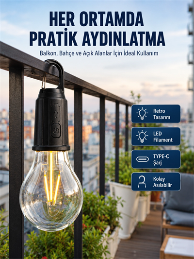 Şarjlı Dekoratif Kamp Lambası Askılı Ampul Led Işık Type-C Girişli
