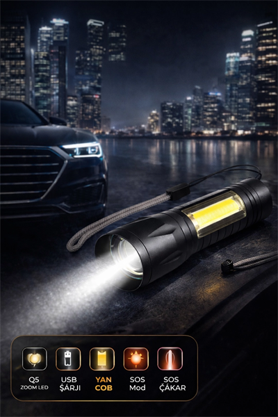 Şarjlı El Feneri 3 Modlu  USB Kablo Hediyeli, SOS Modlu, Kutulu, Taşınabilir