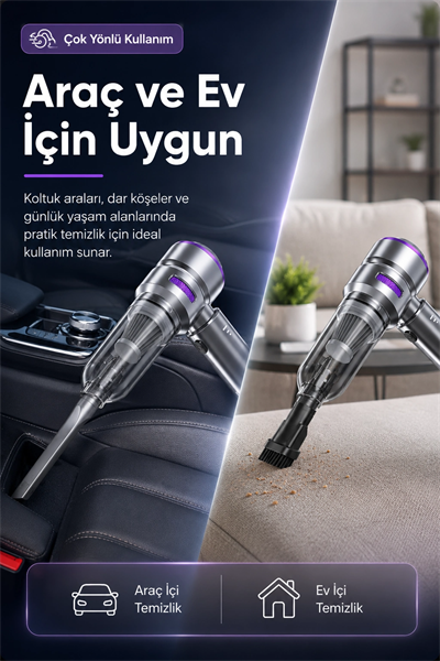 Şarjlı El Tipi Araç İçi Süpürge Ve Basınçlı Hava Üfleme Cihazı Başlıklı Set