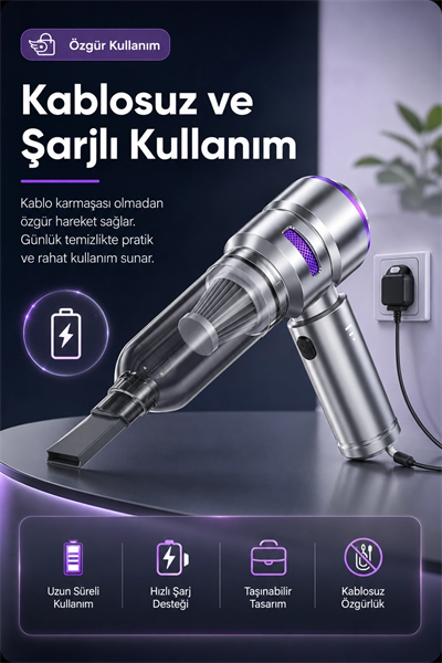 Şarjlı El Tipi Araç İçi Süpürge Ve Basınçlı Hava Üfleme Cihazı Başlıklı Set