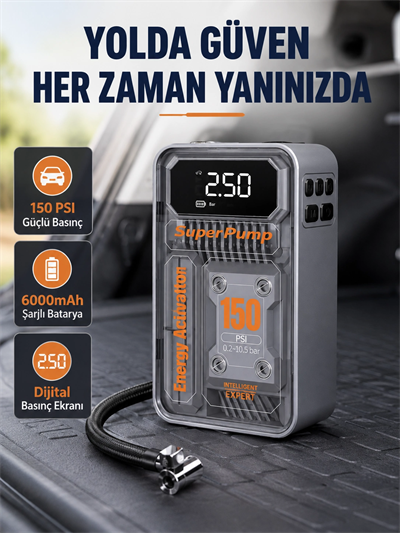Şarjlı Kablosuz Hava Pompası – 150 PSI Basınç, LED Ekran ve 6000mAh Batarya