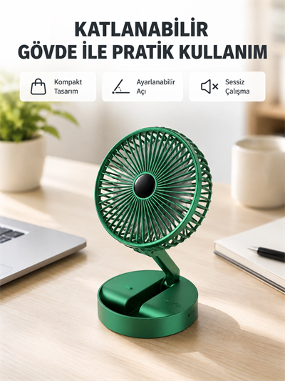 Şarjlı Katlanabilir Mini Fan – 3 Kademe Hız Ayarı, Taşınabilir Tasarım