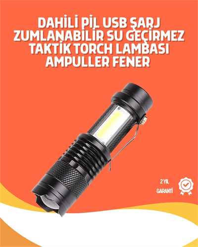 Şarjlı LED El Feneri - 14500 Pil Dahil, 4 Işık Modu, Mini Boy