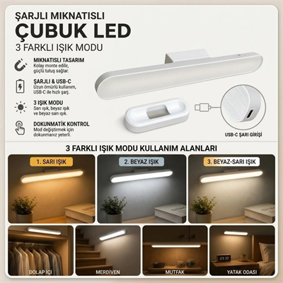 Şarjlı Manyetik Led Çubuk Lamba, Dokunmatik, 3 Modlu, Kablosuz Mutfak Dolap Altı Ve Dekoratif Aydınlatma Bx40