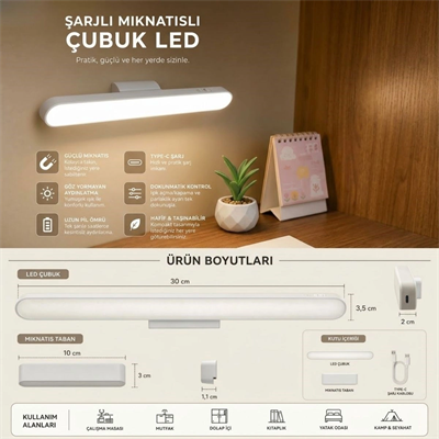 Şarjlı Manyetik Led Çubuk Lamba, Dokunmatik, 3 Modlu, Kablosuz Mutfak Dolap Altı Ve Dekoratif Aydınlatma Bx40