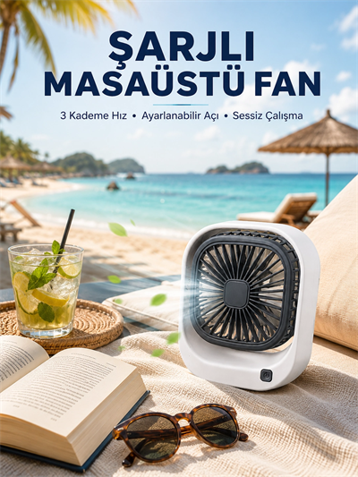 Şarjlı Masaüstü Fan 3 Kademeli Hız Ayarlı Güçlü Hava Akışı