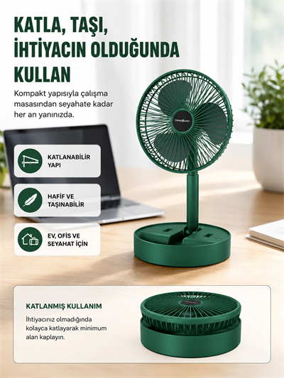 Şarjlı Mini Fan Katlanabilir 3 Hız Ayarlı Taşınabilir Tasarımlı