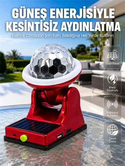 Şarjlı RGB Projektör Lamba Güneş Enerjili Çok Fonksiyonlu Disco Işık Lambası
