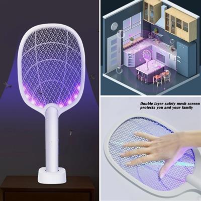 Şarjlı Sinek Öldürücü Masaüstü Standlı,Mor Işık Sinek Kovucu Raket 5w (3936)