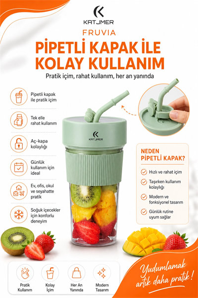 Şarjlı Taşınabilir Meyve Sıkacağı Pipetli Hazneli Pratik Smoothie Blender Bardağı