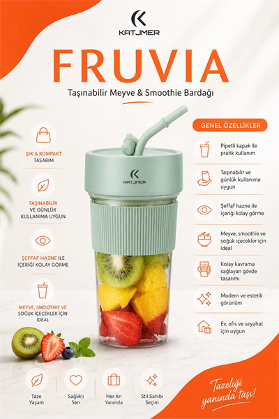 Şarjlı Taşınabilir Meyve Sıkacağı Pipetli Hazneli Pratik Smoothie Blender Bardağı