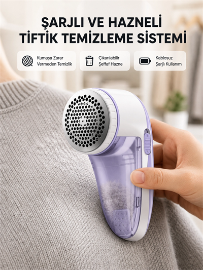 Şarjlı Tiftik Temizleyici – Çıkarılabilir Hazneli, Anti-Statik Fırçalı, USB Şarjlı