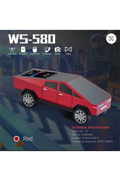 Şarjlı araba tasarımlı Bluetooth hoparlör 15W FM radyo SD kart USB destekli kırmızı