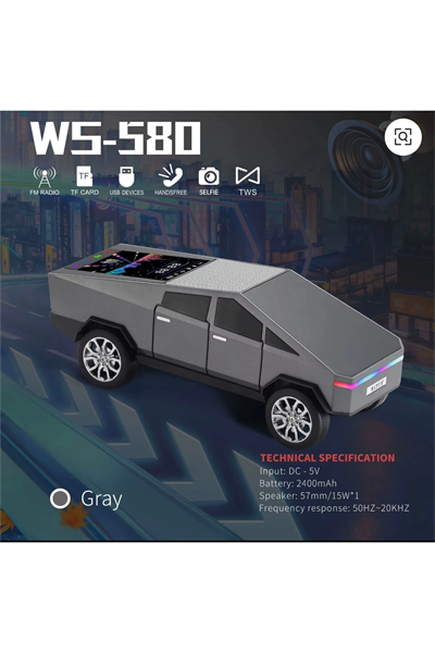 Şarjlı araba tasarımlı gri Bluetooth hoparlör 15W FM radyo SD kart USB destekli 2 yıl garantili