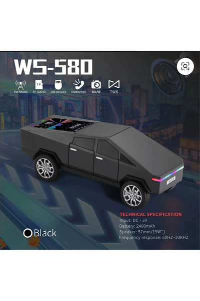 Şarjlı araba tasarımlı siyah Bluetooth hoparlör 15W FM radyo SD kart USB destekli