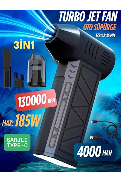 Şarjlı araç kurutma cihazı siyah 0-1 saat kullanım 13000 PA vakum gücü 1 yıl garantili