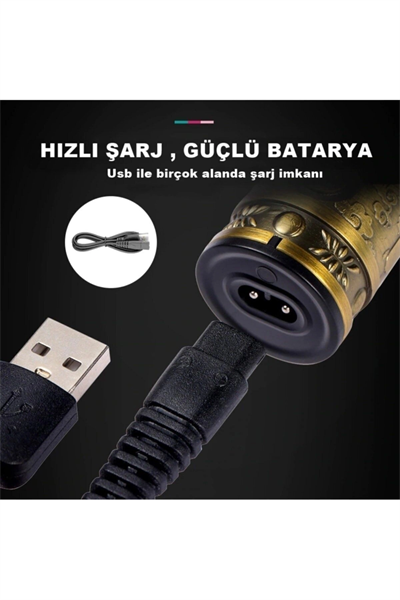 Şarjlı kuru saç sakal vücut tıraş makinesi altın renk 4-6 saat kullanım 3-5 başlık