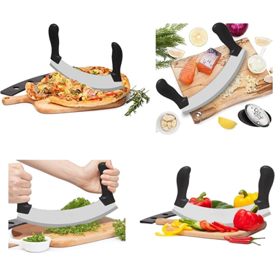 Satır Kıyma Bıçağı - Yarım Ay Modeli - Sebze Doğrama Satırı - Pizza Dilimleme Bıçağı - Paslanmaz Çelik