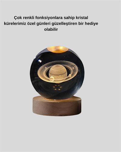 Satürn Desenli Kristal Küre LED Gece Lambası Ahşap Standlı