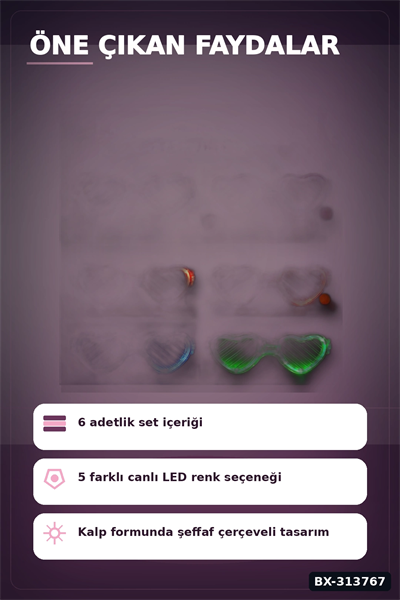 Şeffaf Çerçeveli Led Işıklı Kalp Glow Parti Gözlüğü - 6 Adet Set, Festival Hediyesi BX-313767